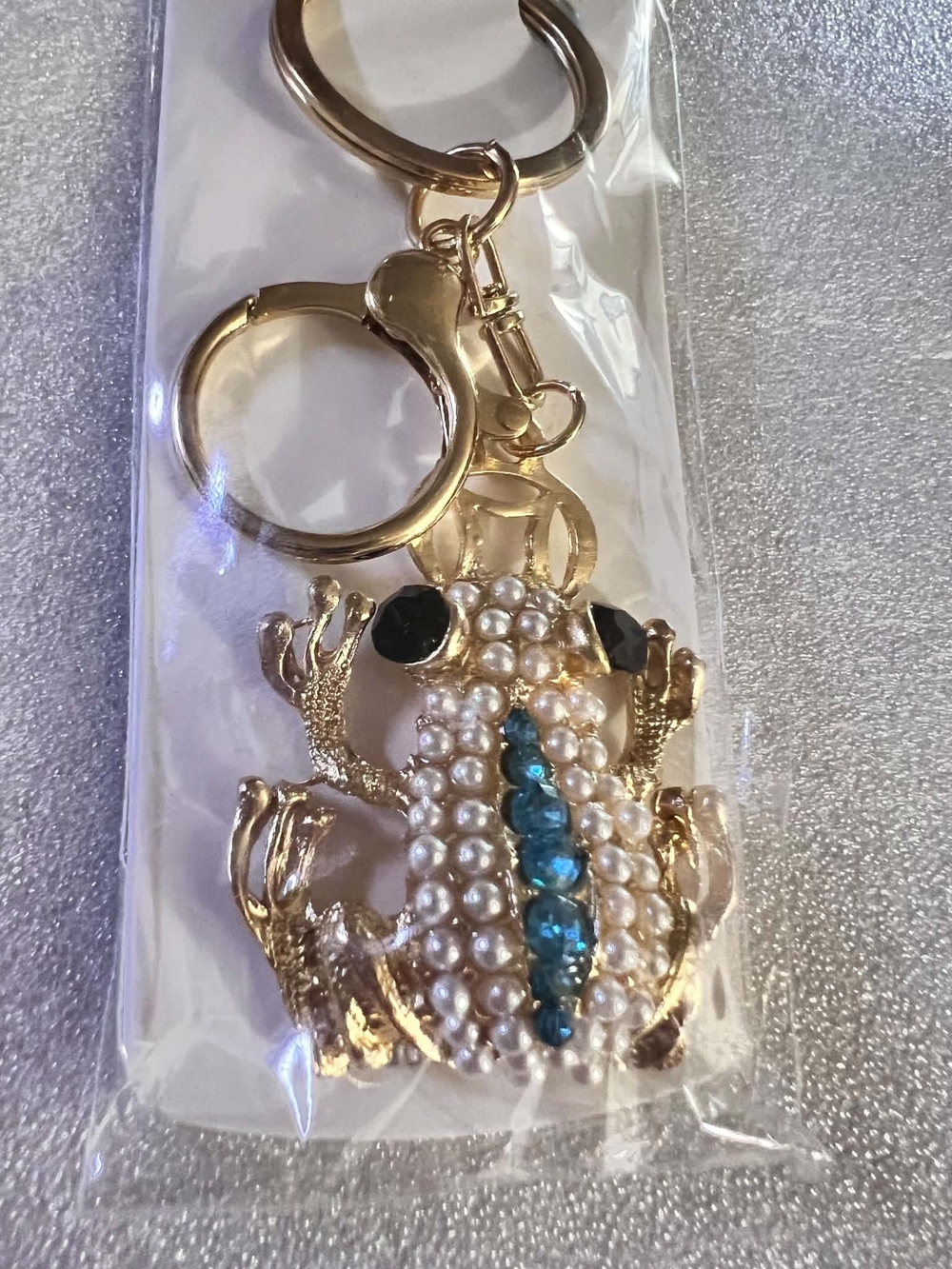 Mint Gold-Tone Frog Key & Card Holder with Teal Crystals and Pearls